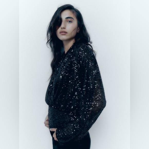 NWT Zara Draped Black Sequin Blouse - Picture 5 of 13